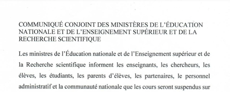 Suspension de cours sur toute l'étendue du territoire national